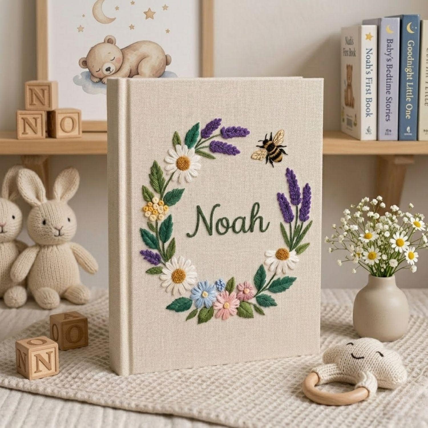 Custom Hand Embroidered Baby Photo Album, Personalized Daisy Baby Memory Book, Floral Nursery Keepsake, Baby Shower Gift Idea