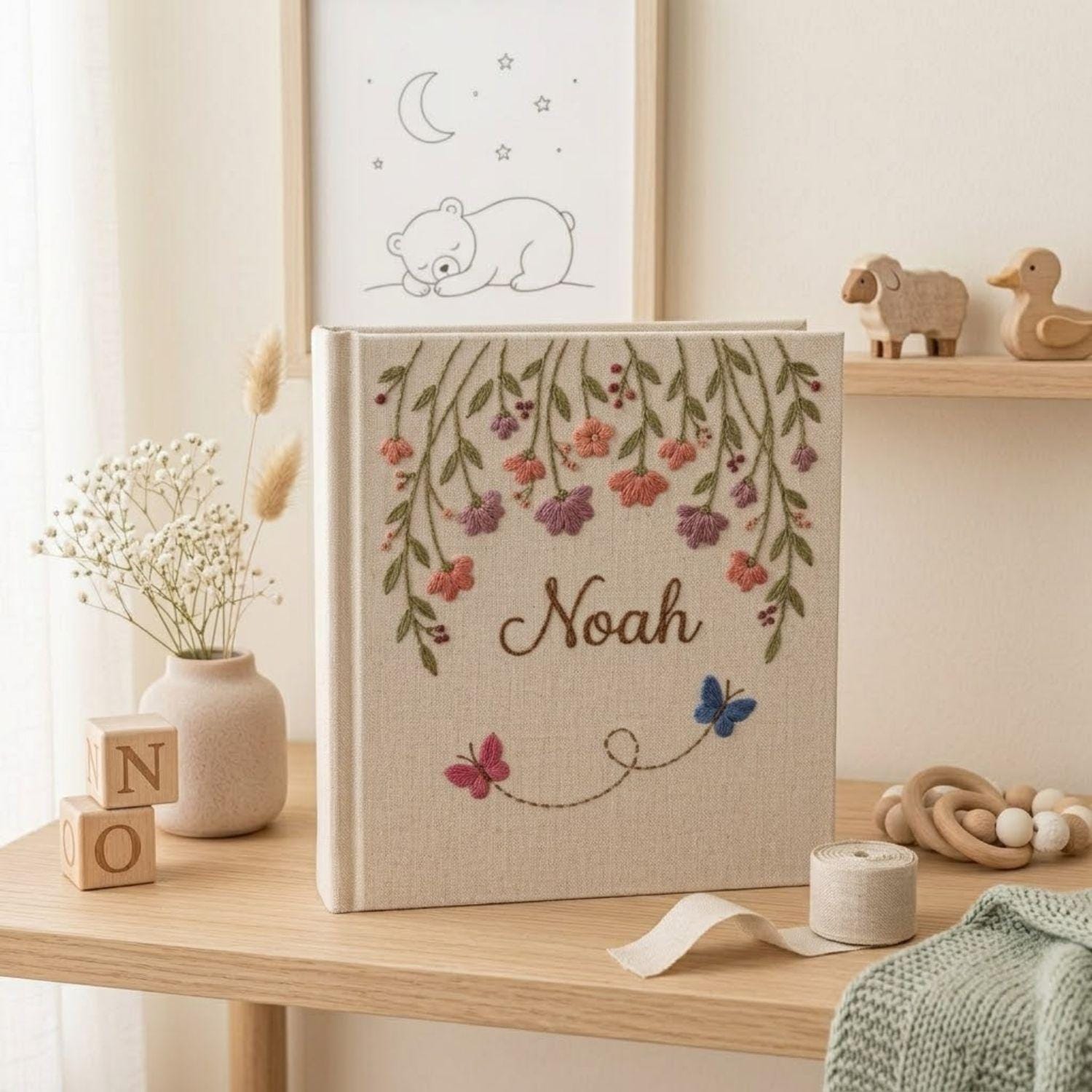 Custom Hand Embroidered Baby Photo Album, Personalized Floral Baby Memory Book, Butterfly Nursery Keepsake, Baby Shower Gift