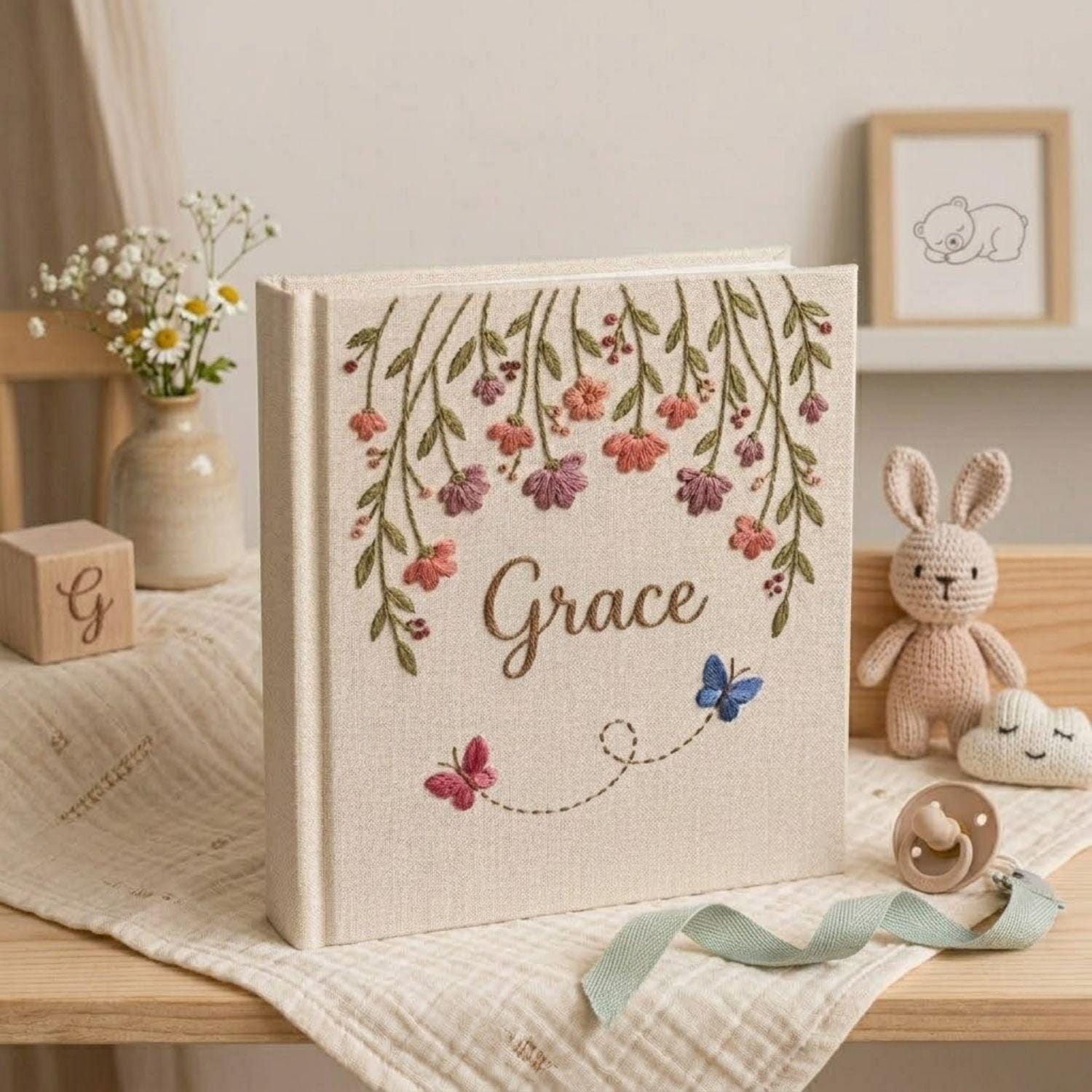 Custom Hand Embroidered Baby Photo Album, Personalized Floral Baby Memory Book, Butterfly Nursery Keepsake, Baby Shower Gift
