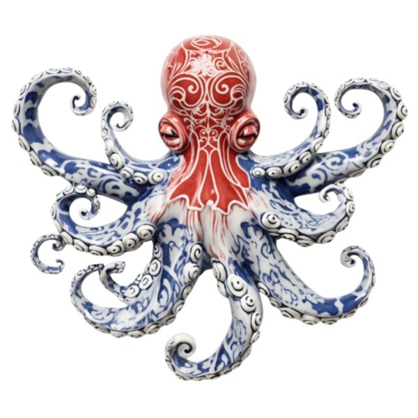 Red Blue Chinoiserie Octopus – Elegant Porcelain Style Metal Wall Art Decor for Home &amp; Outdoor