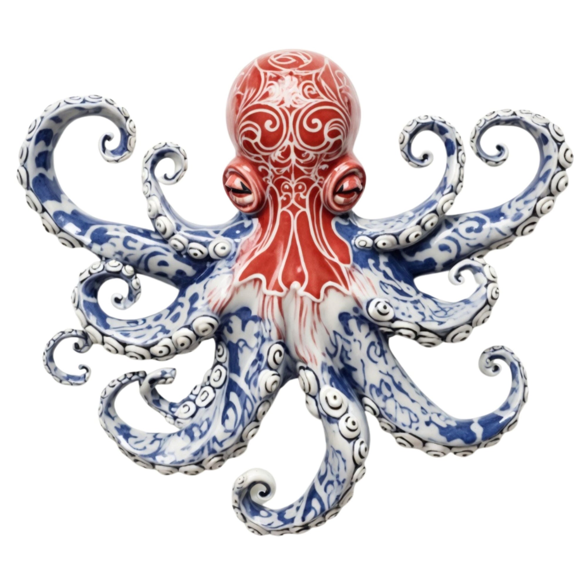 Red Blue Chinoiserie Octopus – Elegant Porcelain Style Metal Wall Art Decor for Home &amp; Outdoor