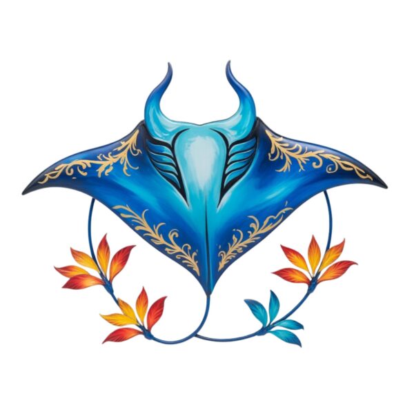 Blue Golden Stingray – Elegant Tropical Floral Style Metal Wall Art Decor for Home &amp; Outdoor