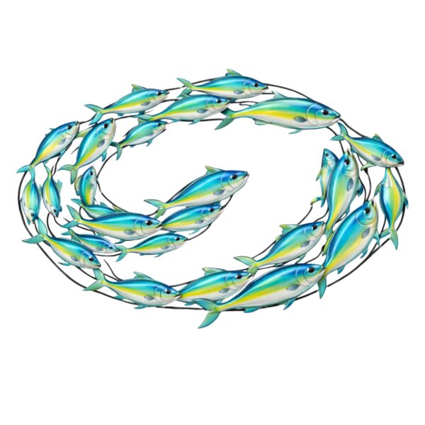 Swirling School of Fish – Vibrant Blue Yellow Ocean Style Metal Wall Art Decor for Home &amp; Outdoor