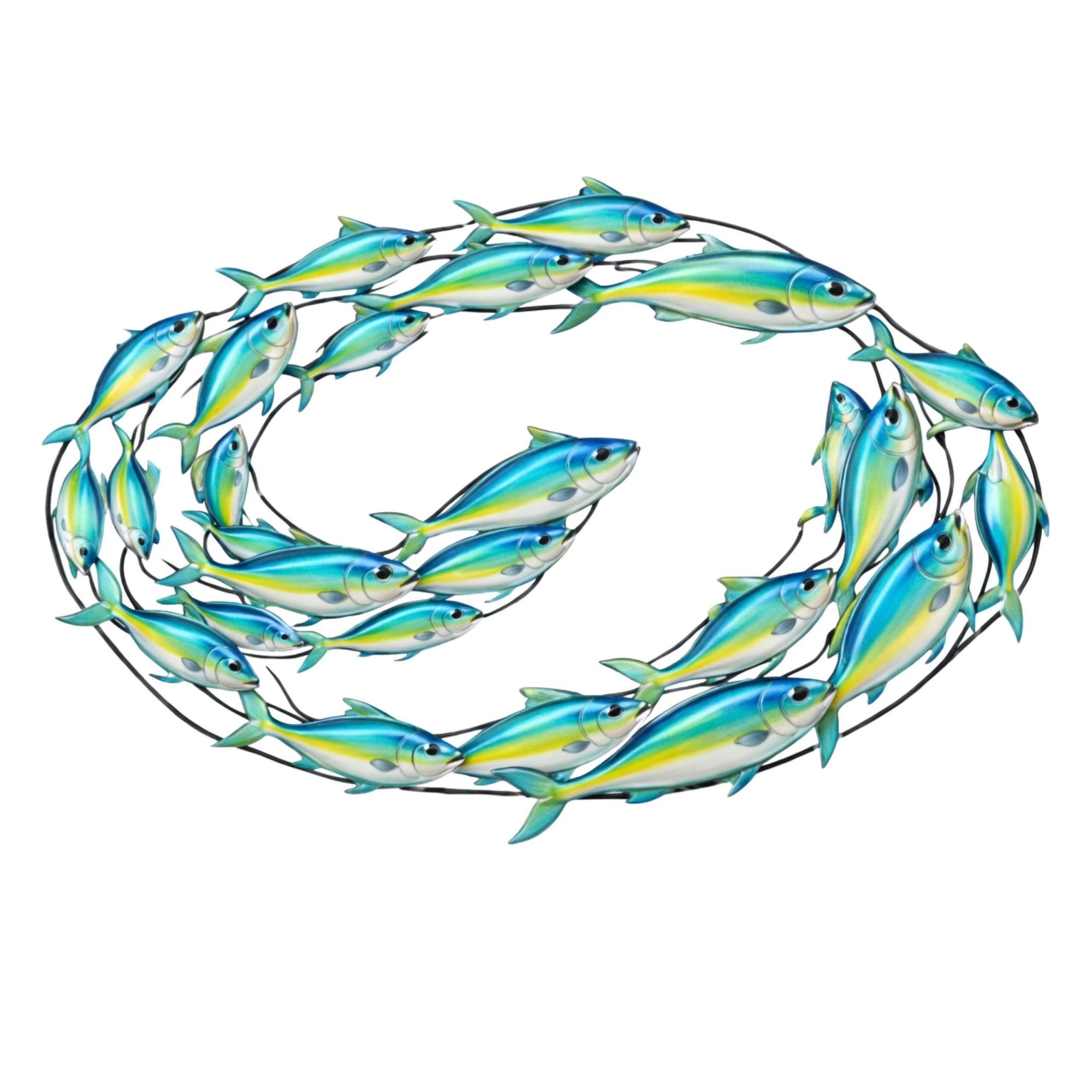 Swirling School of Fish – Vibrant Blue Yellow Ocean Style Metal Wall Art Decor for Home &amp; Outdoor