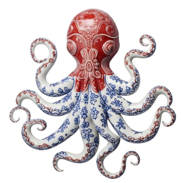 Red Chinoiserie Octopus – Elegant Blue &amp; White Porcelain Style Metal Wall Art Decor