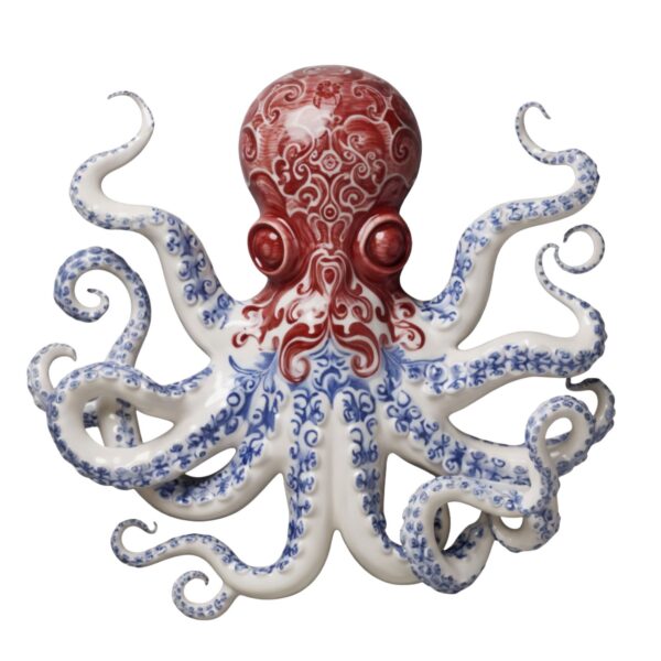 Red Blue Chinoiserie Octopus – Elegant Porcelain Style Metal Wall Art Decor for Home &amp; Outdoor