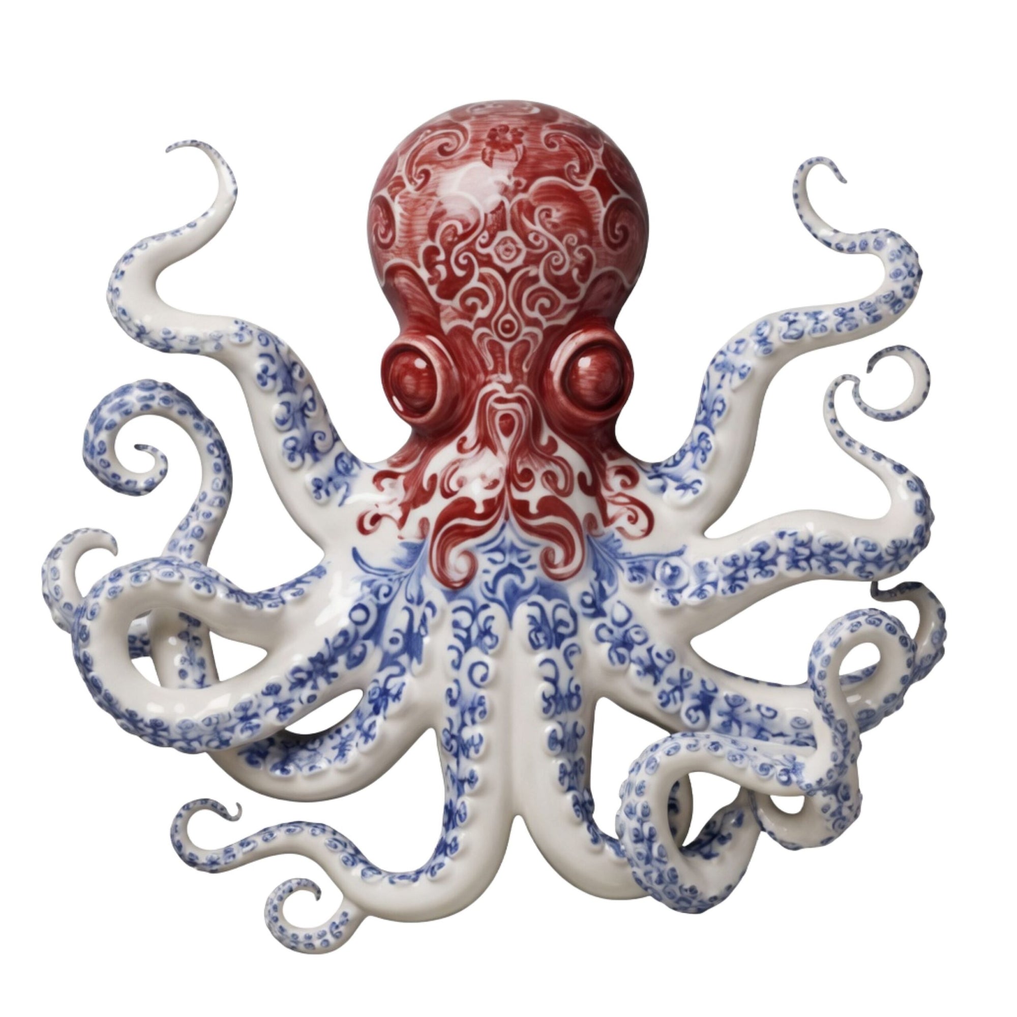 Red Blue Chinoiserie Octopus – Elegant Porcelain Style Metal Wall Art Decor for Home &amp; Outdoor
