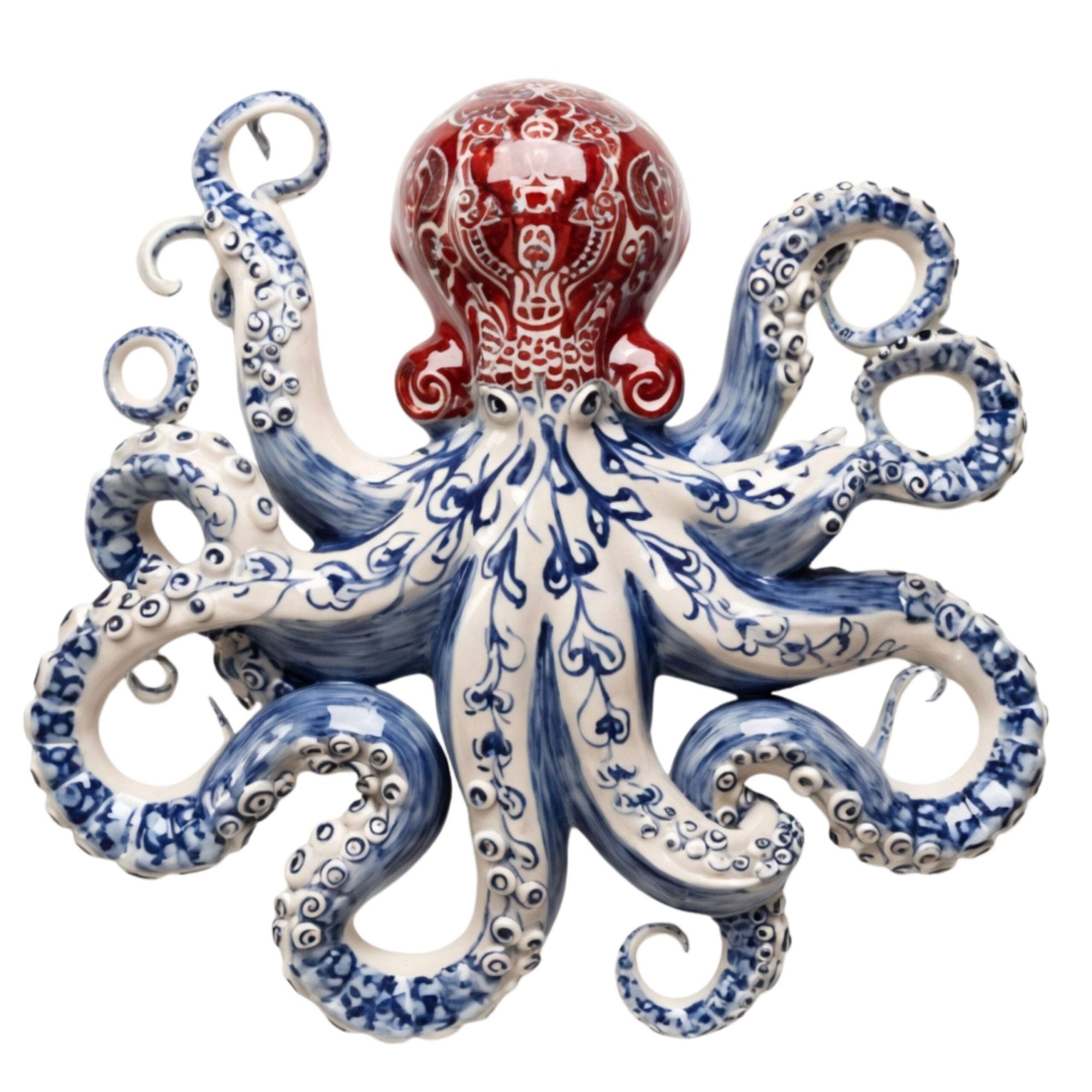Blue Red Chinoiserie Octopus – Elegant Porcelain Style Metal Wall Art Decor for Home &amp; Outdoor