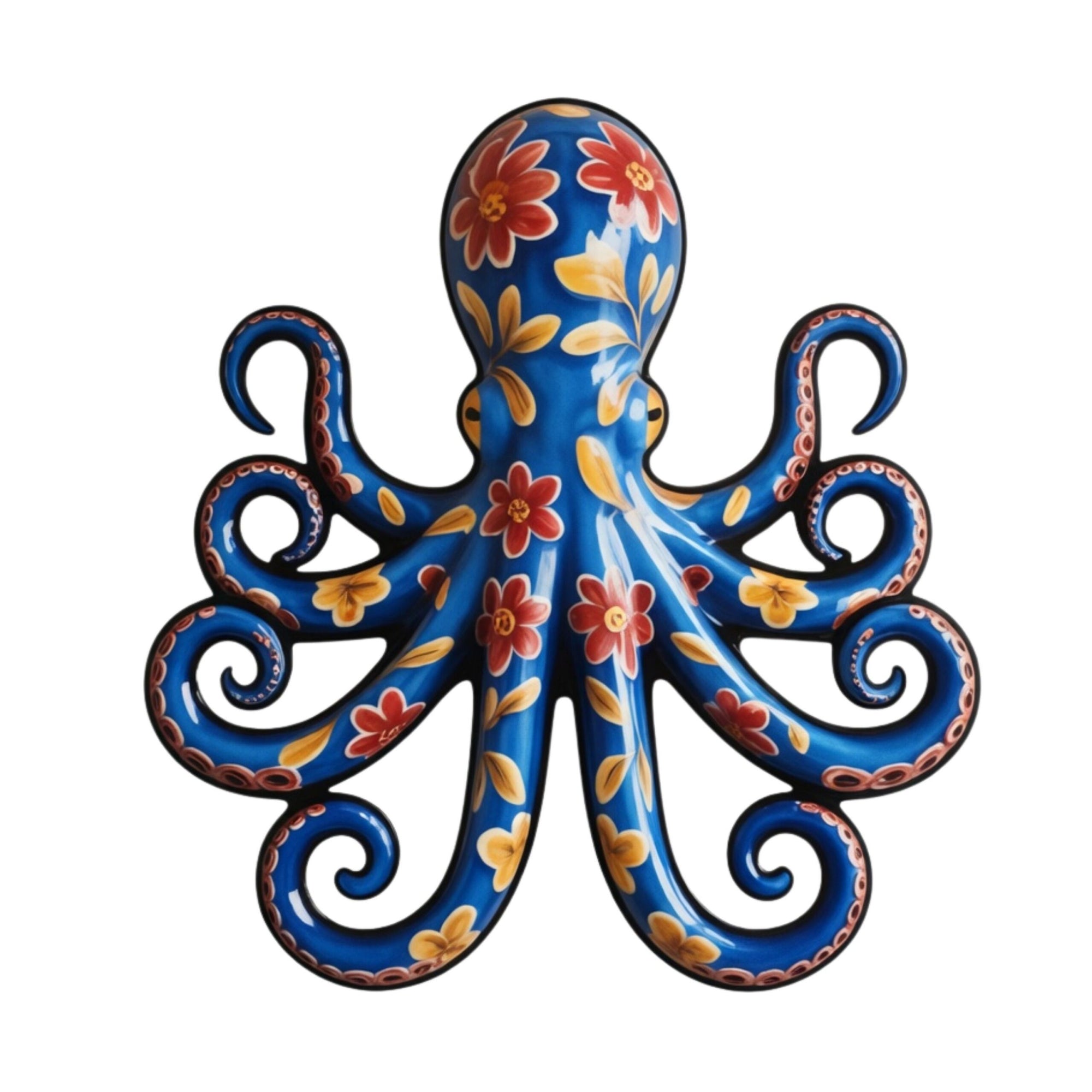 Floral Blue Octopus – Vibrant Mexican Talavera Style Metal Wall Art Decor for Home &amp; Outdoor