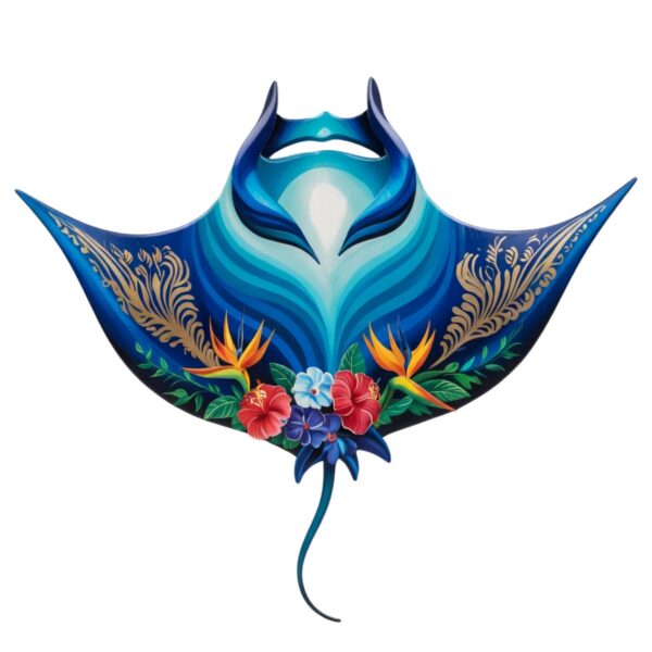Tropical Blue Stingray – Vibrant Ocean Floral Style Metal Wall Art Decor for Home &amp; Outdoor