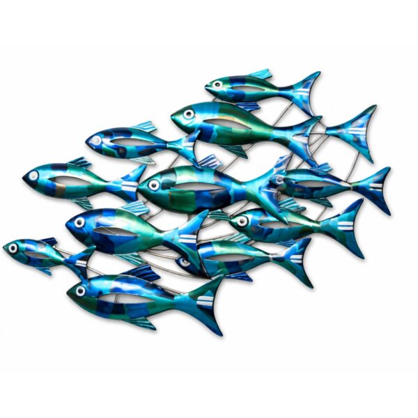 School of Blue Fish – Vibrant Ocean Metallic Style Metal Wall Art Decor for Home &amp; Outdoor