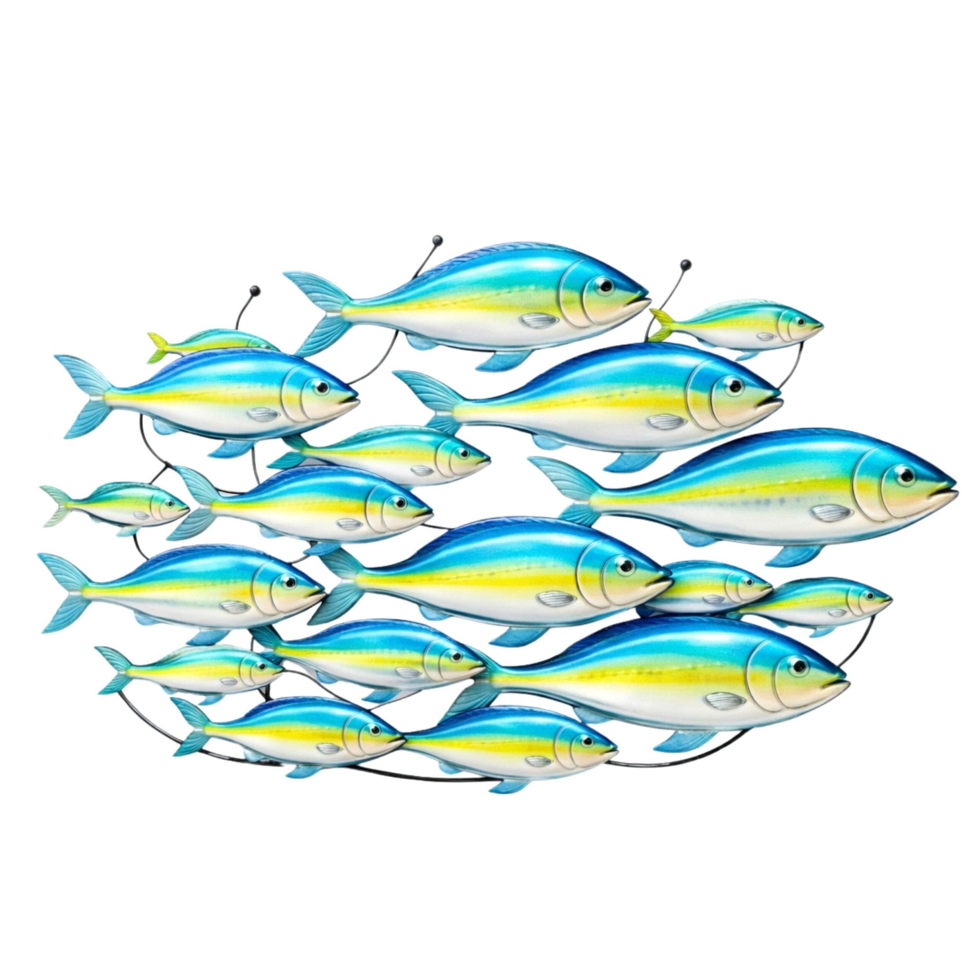 School of Blue Yellow Fish – Vibrant Tropical Ocean Style Metal Wall Art Decor for Home &amp; Outdoor