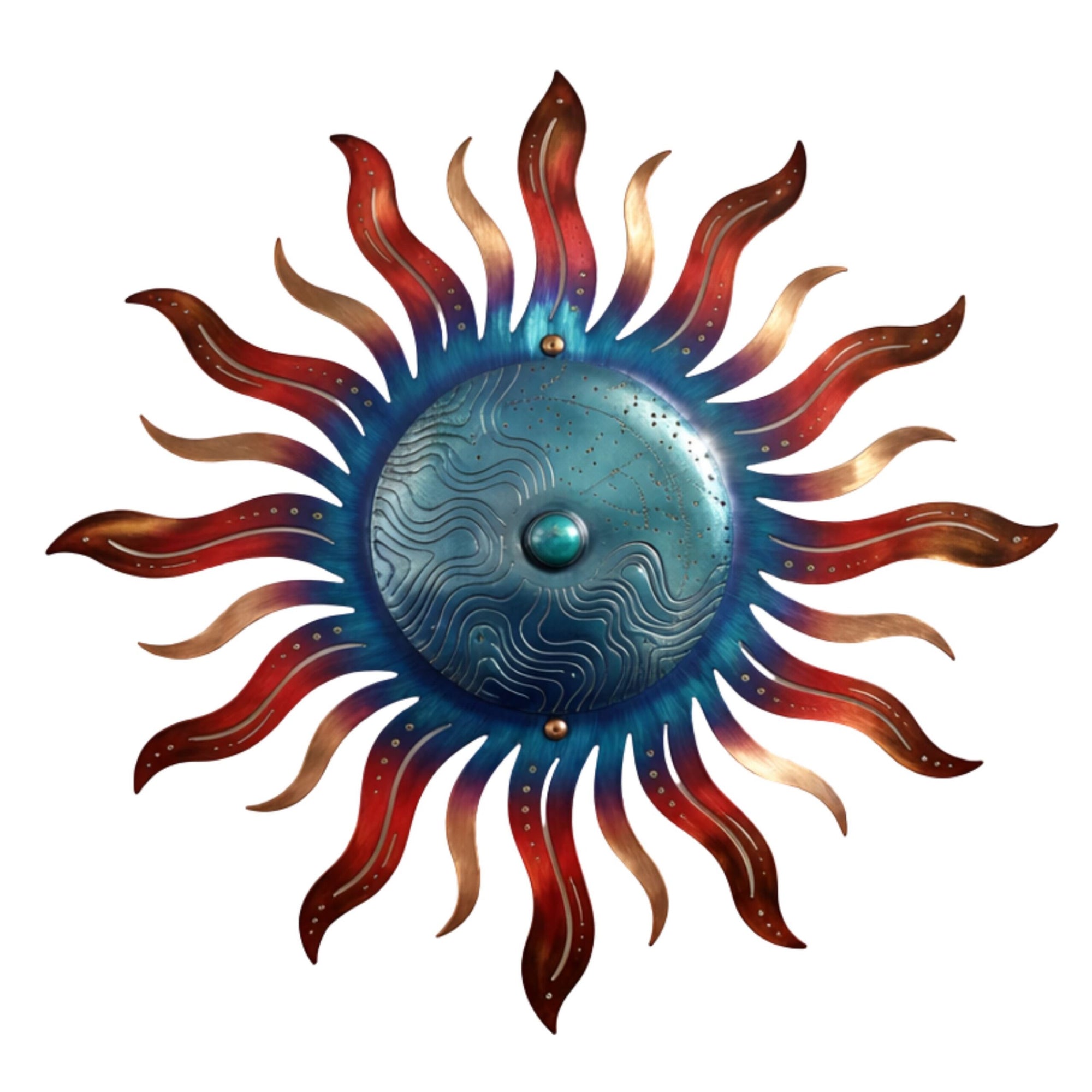 Blue Sun Wall Art – Coastal Boho Aluminum Metal Decor for Indoor &amp; Outdoor Home Spaces