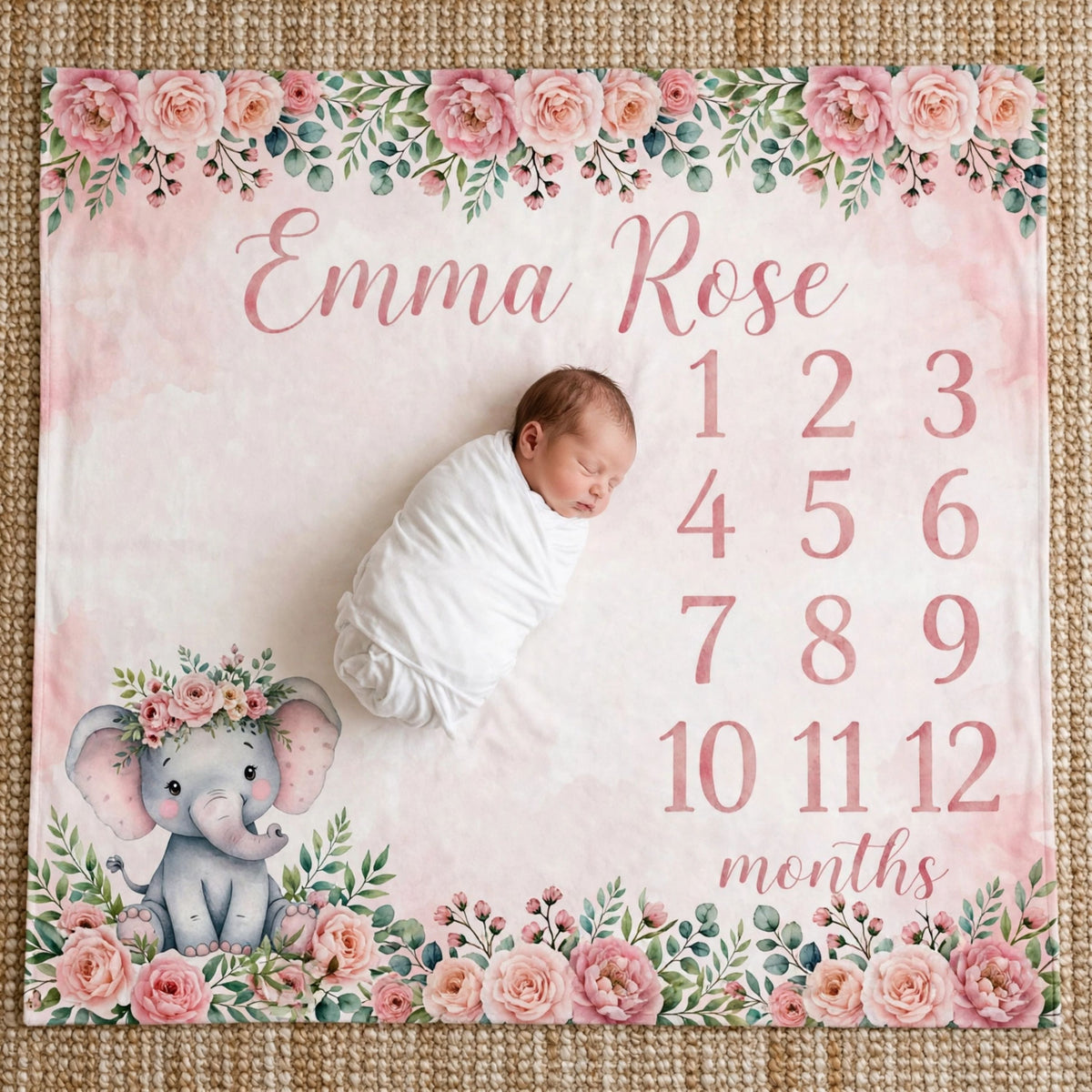 Personalized pink elephant blanket, Pink Rose Botanical Border Milestone Blanket For Baby Girl, Growth Chart Fleece Blanket