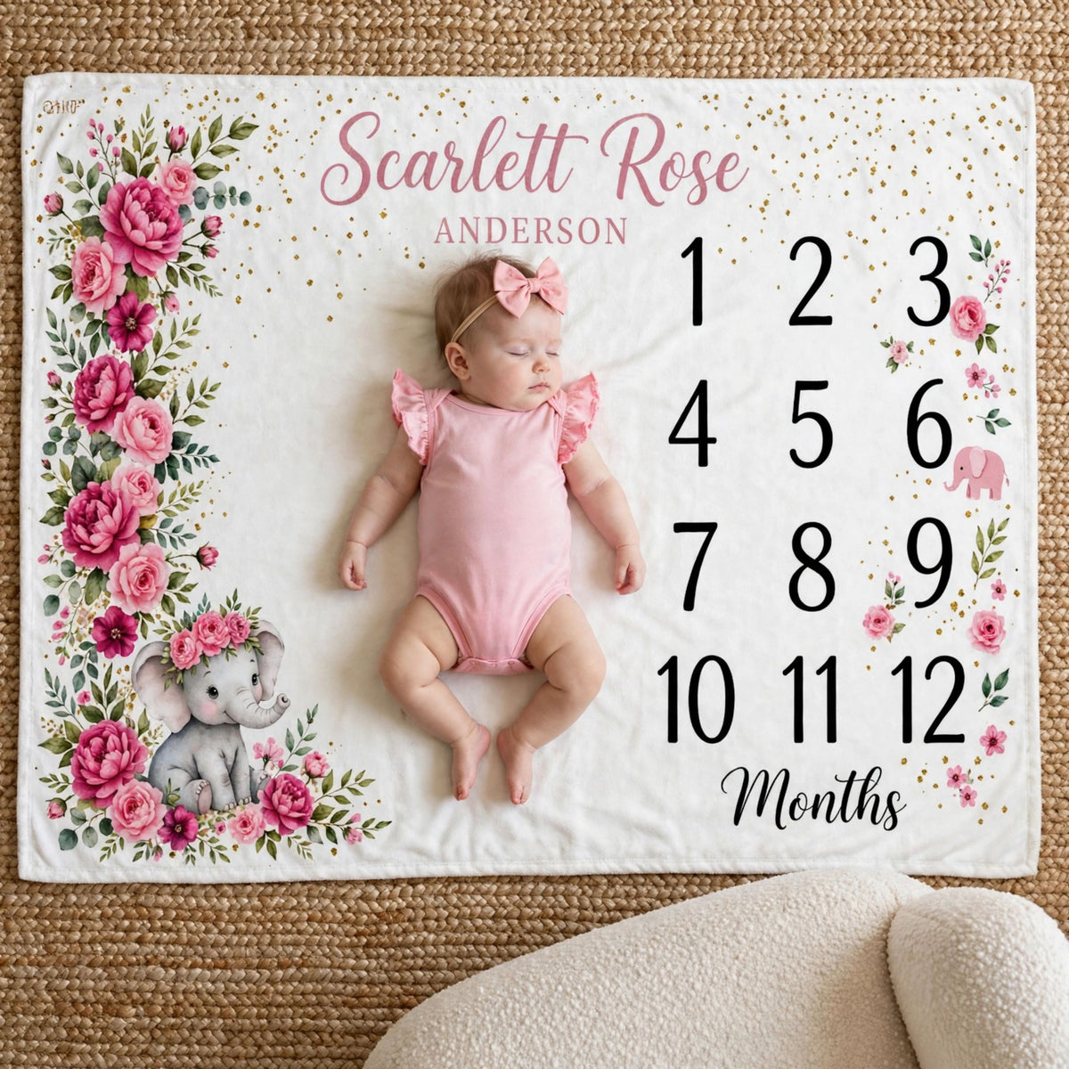Personalized pink elephant blanket, Magenta Rose Side Floral Border Milestone Blanket For Baby Girl, Growth Chart Fleece Blanket