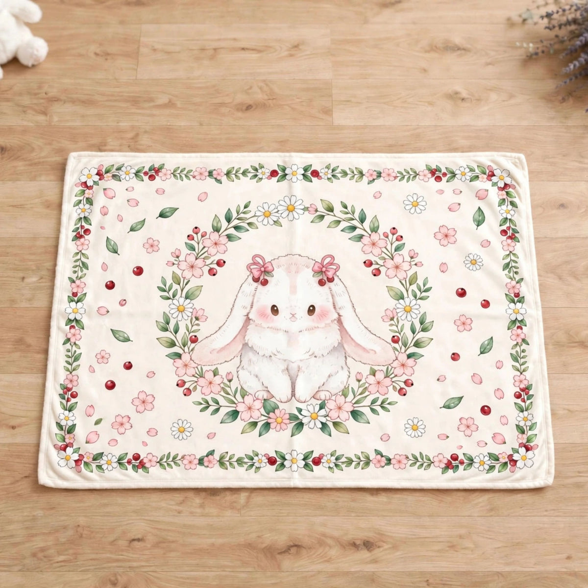 Pink bunny blanket, Cottagecore Floral Cherry Lop Ear Bunny Baby Blanket, Soft Nursery Blanket For Girl