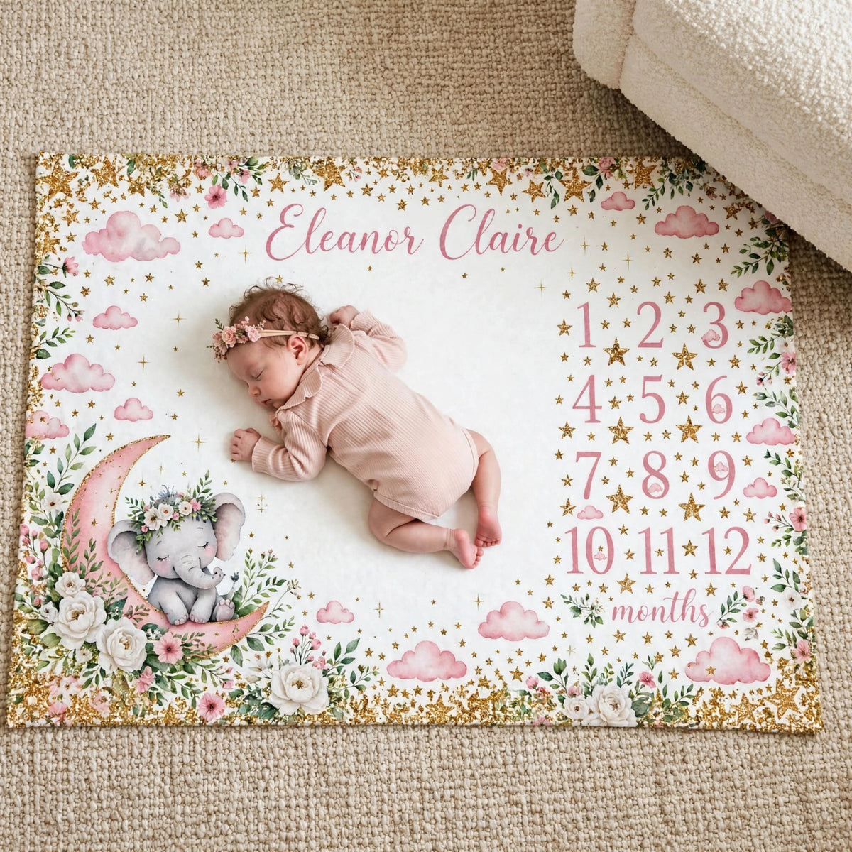 Personalized pink elephant blanket, Moon and Stars Milestone Blanket For Baby Girl, Growth Chart Fleece Blanket