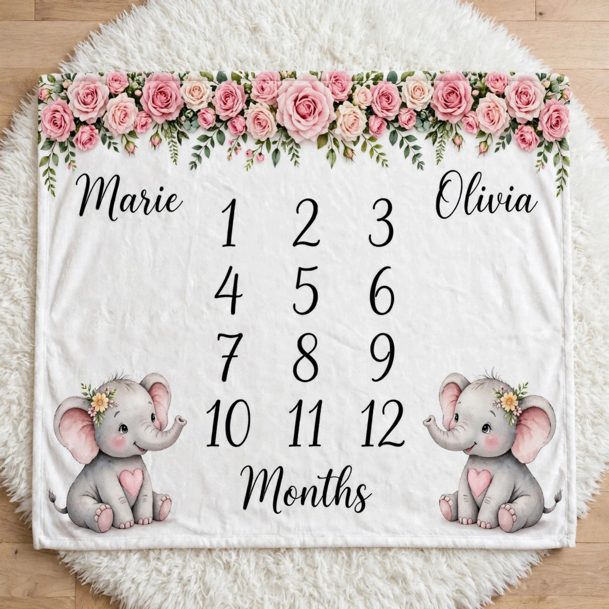 Personalized Pink Elephant Blanket, Rose Floral Border Twin Milestone Blanket, Growth Chart Fleece Blanket