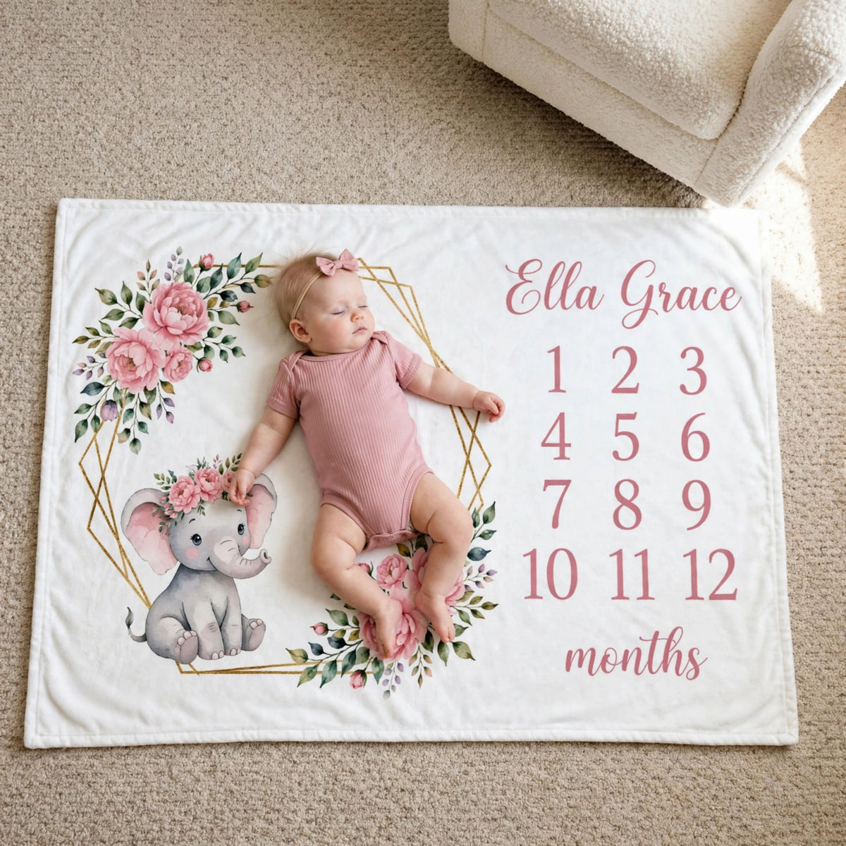 Personalized pink elephant blanket, Geometric Floral Frame Milestone Blanket For Baby Girl, Growth Chart Fleece Blanket