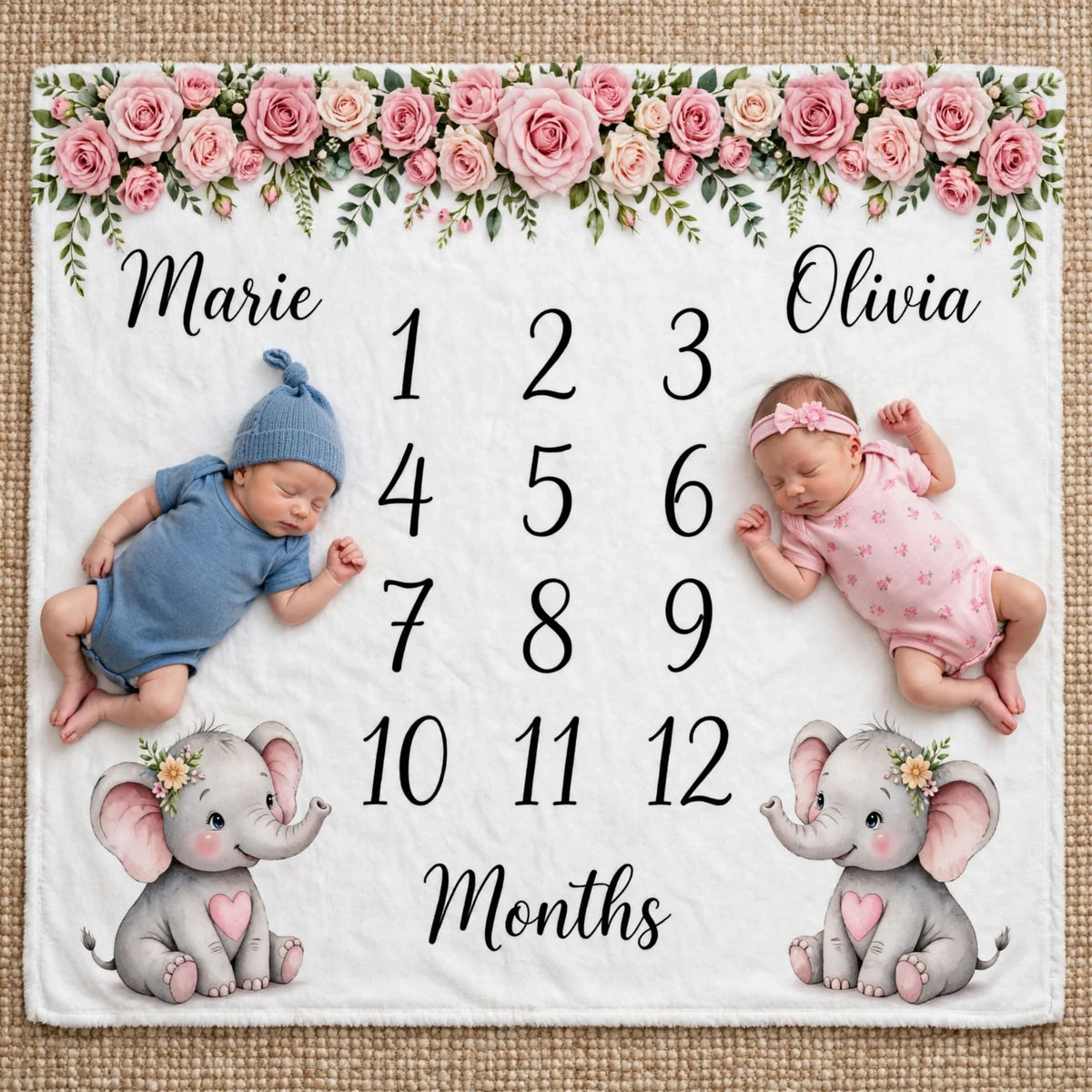 Personalized Pink Elephant Blanket, Rose Floral Border Twin Milestone Blanket, Growth Chart Fleece Blanket