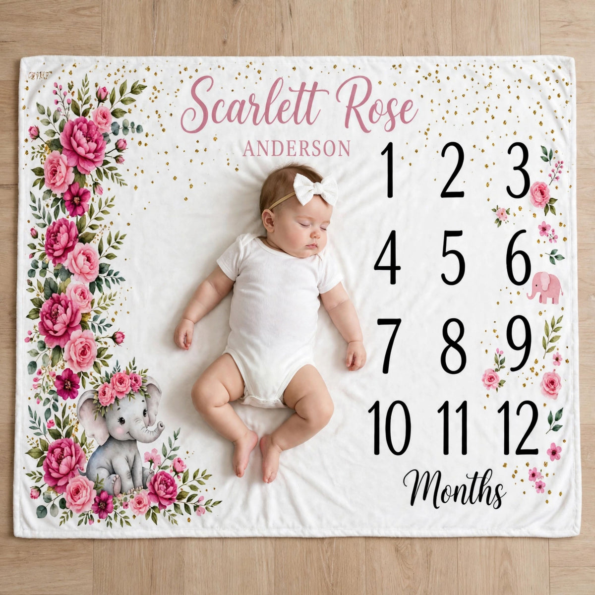 Personalized pink elephant blanket, Magenta Rose Side Floral Border Milestone Blanket For Baby Girl, Growth Chart Fleece Blanket