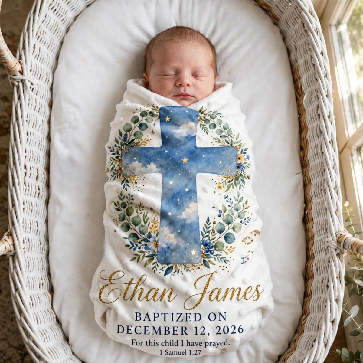 Personalized Baptism Blanket For Baby Boy, Custom Child Of God Cross Christian Nursery Verse Gift