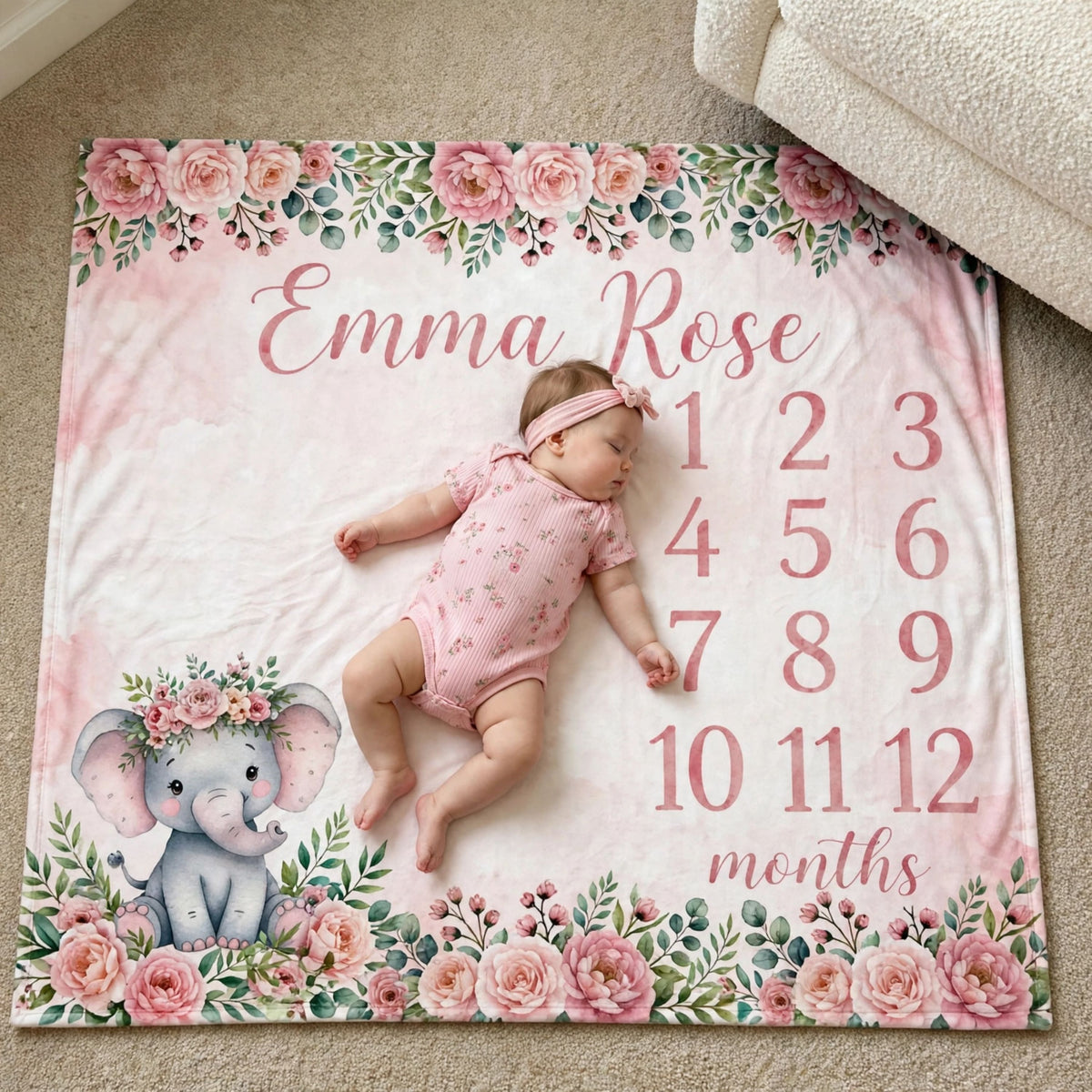Personalized pink elephant blanket, Pink Rose Botanical Border Milestone Blanket For Baby Girl, Growth Chart Fleece Blanket
