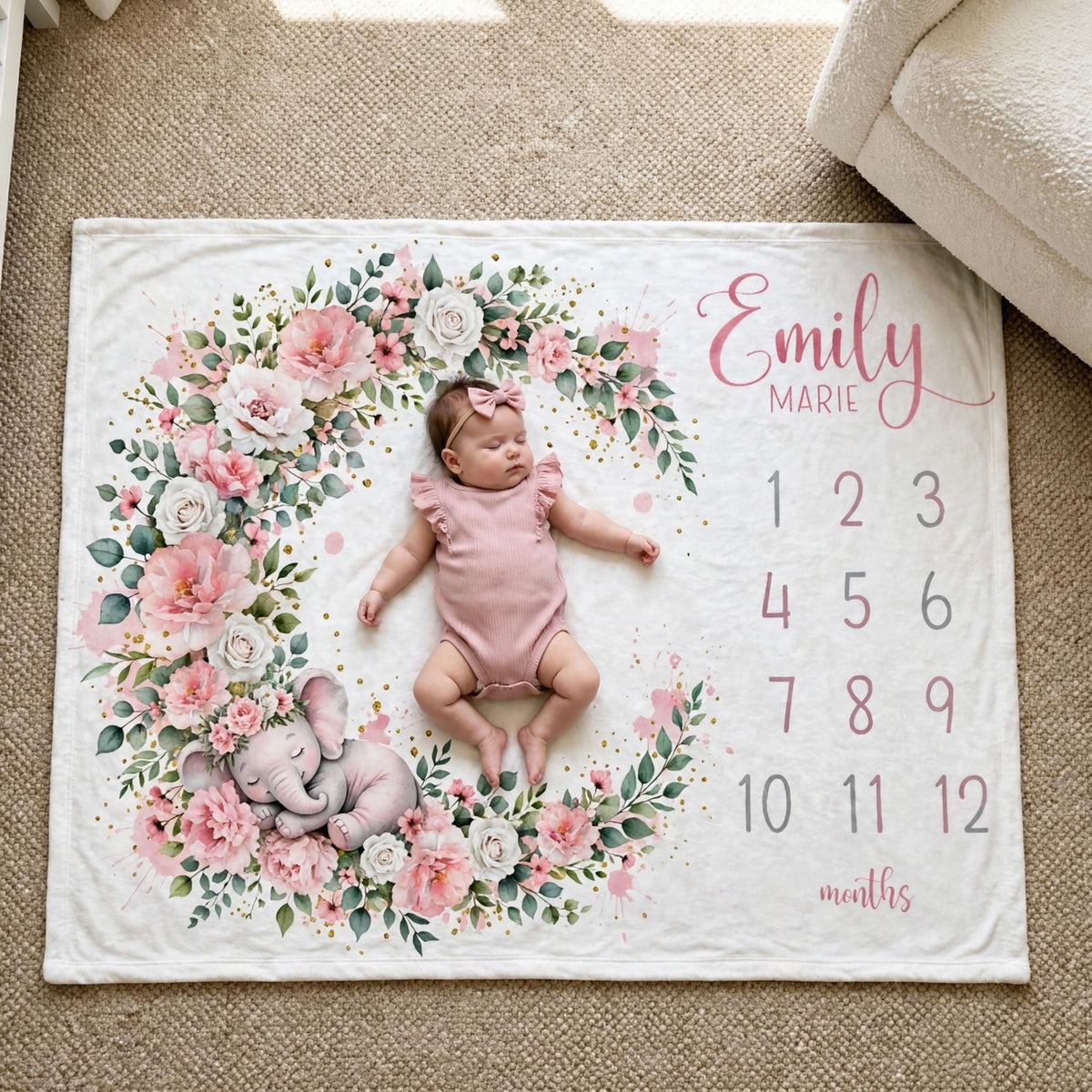Personalized pink elephant blanket, Pink Floral Wreath Milestone Blanket For Baby Girl, Growth Chart Fleece Blanket