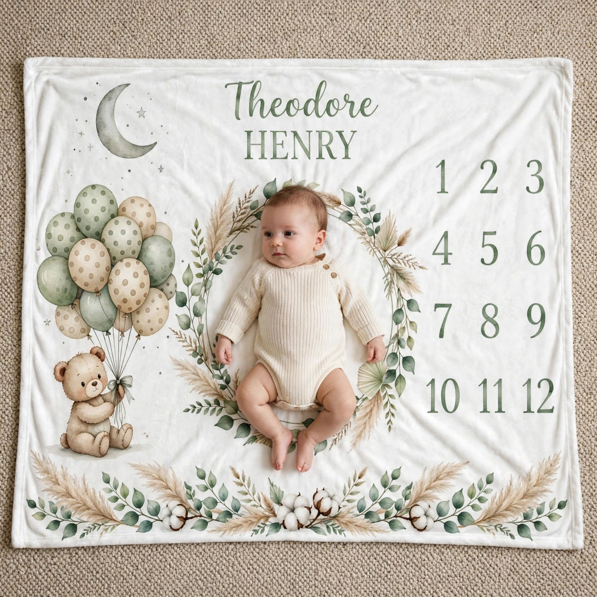 Personalized Name Baby Monthly Blanket, Woodland Teddy Bear Greenery Wreath Milestone Blanket, Newborn Growth Chart Blanket