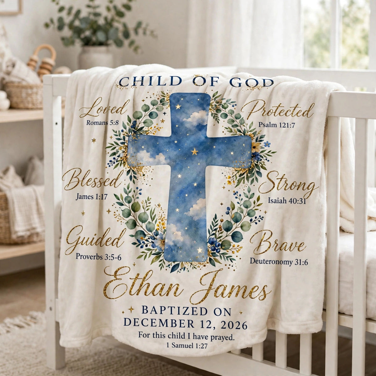 Personalized Baptism Blanket For Baby Boy, Custom Child Of God Cross Christian Nursery Verse Gift