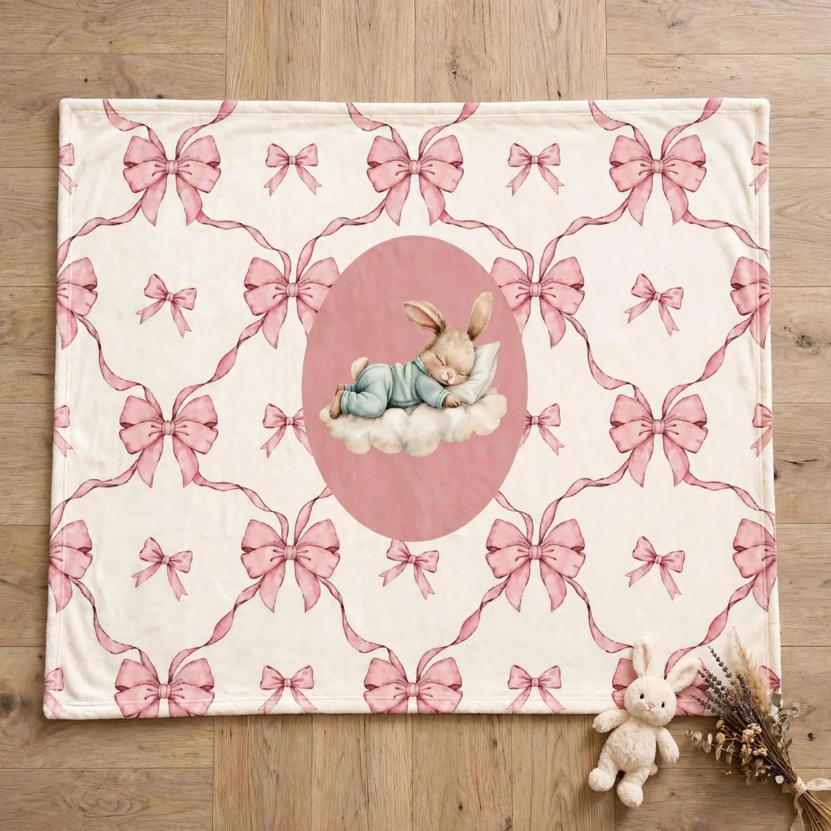 Pink bunny blanket, Cute Sleeping Bunny Bows Baby Blanket, Soft Pastel Coquette Ribbon Nursery Blanket For Girl