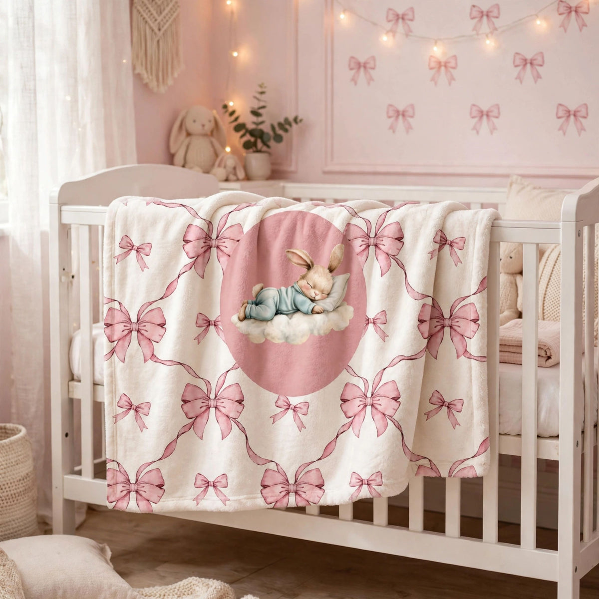 Pink bunny blanket, Cute Sleeping Bunny Bows Baby Blanket, Soft Pastel Coquette Ribbon Nursery Blanket For Girl