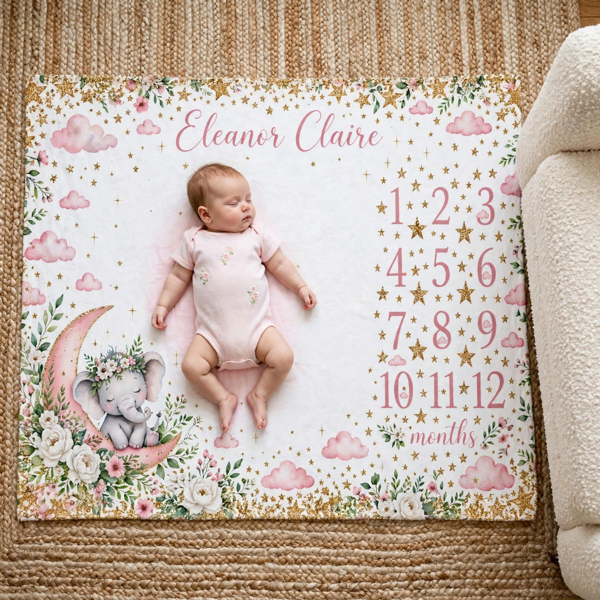 Personalized pink elephant blanket, Moon and Stars Milestone Blanket For Baby Girl, Growth Chart Fleece Blanket