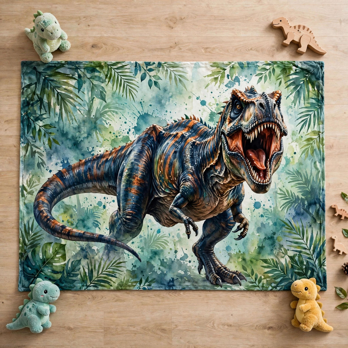 T-Rex blanket, Watercolor T-Rex Dinosaur Blanket, Artistic Jungle Tropical Leaves Soft Fleece Throw Blanket For Boys