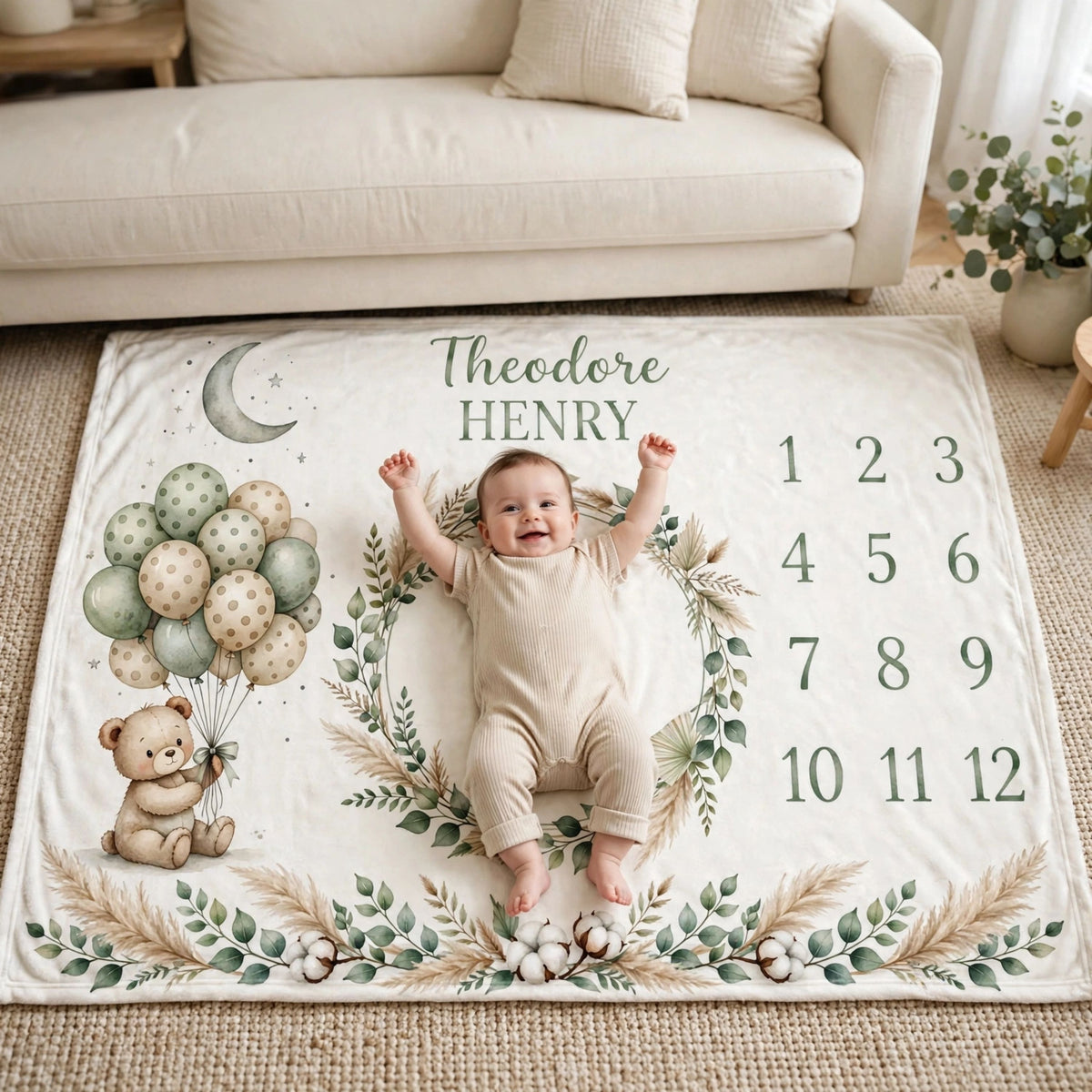 Personalized Name Baby Monthly Blanket, Woodland Teddy Bear Greenery Wreath Milestone Blanket, Newborn Growth Chart Blanket