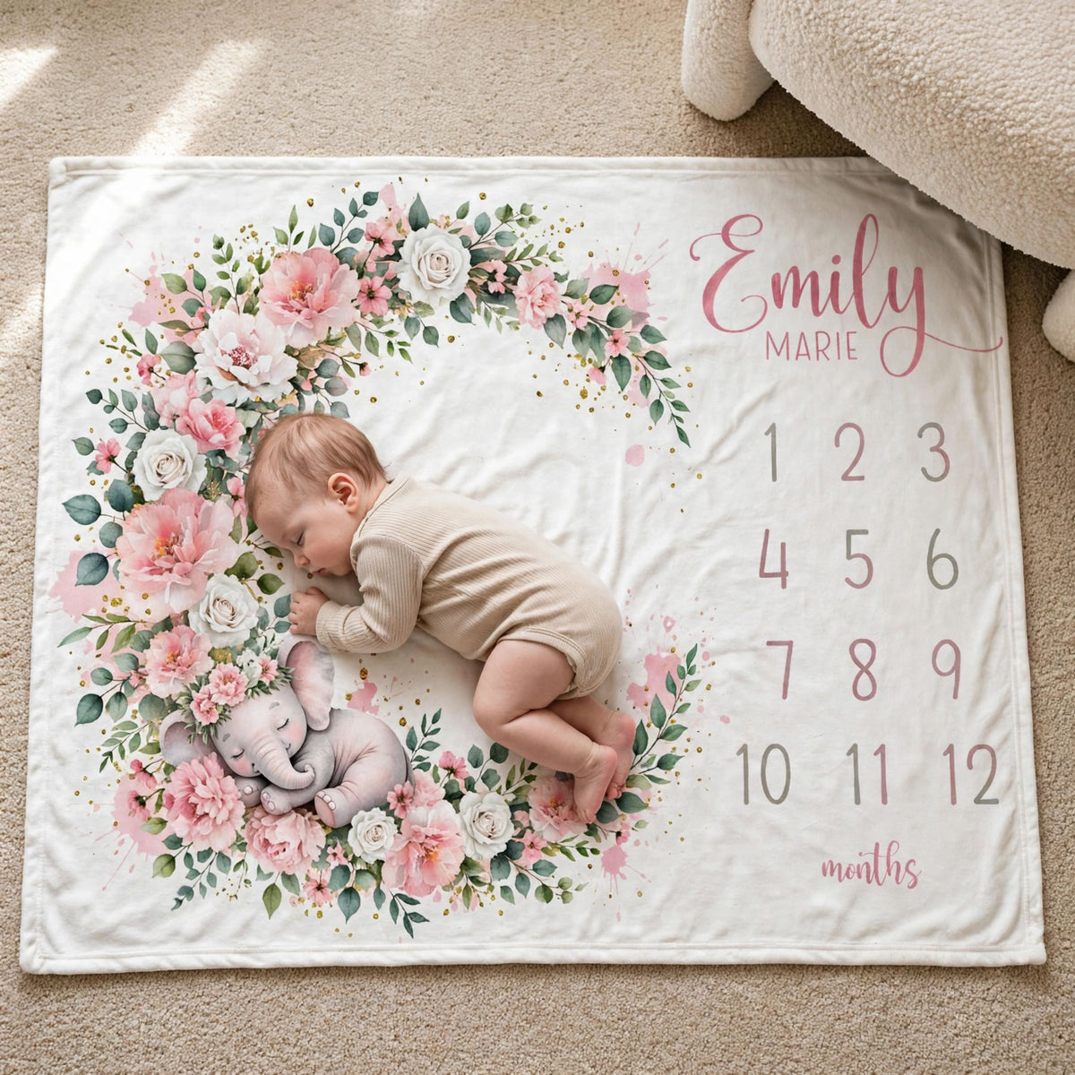 Personalized pink elephant blanket, Pink Floral Wreath Milestone Blanket For Baby Girl, Growth Chart Fleece Blanket