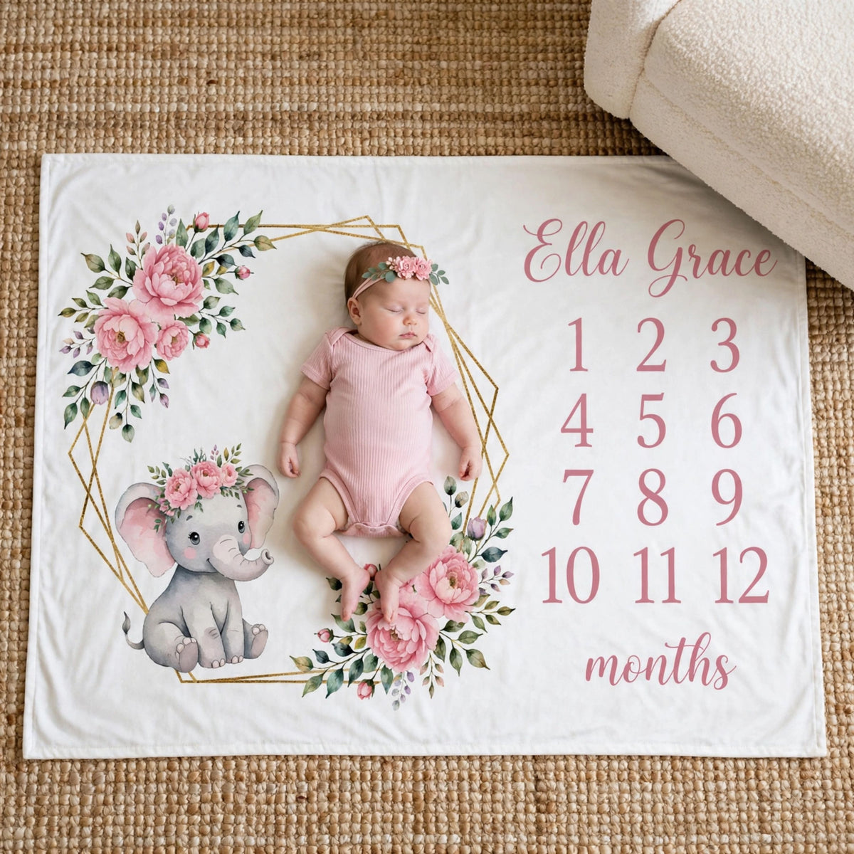 Personalized pink elephant blanket, Geometric Floral Frame Milestone Blanket For Baby Girl, Growth Chart Fleece Blanket