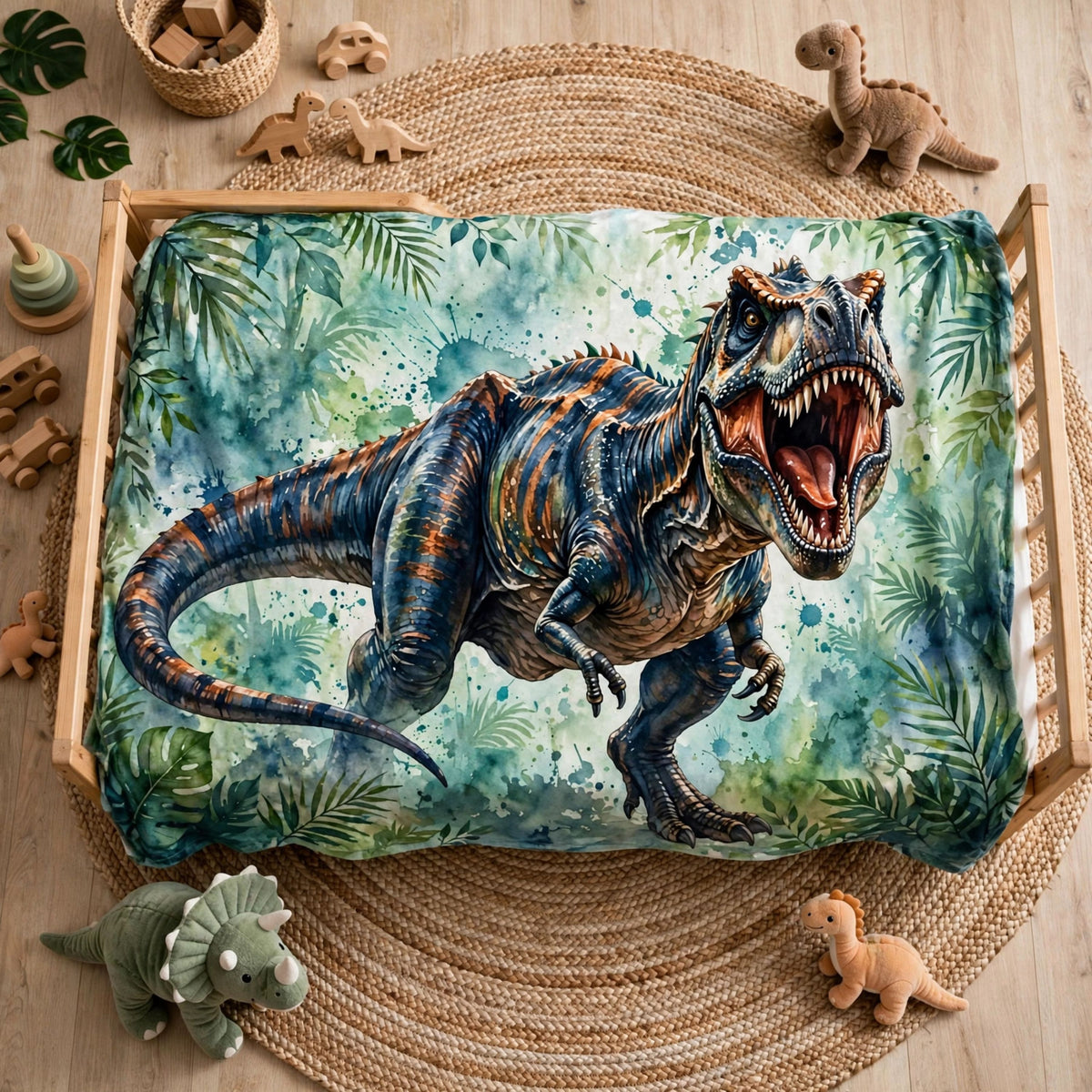 T-Rex blanket, Watercolor T-Rex Dinosaur Blanket, Artistic Jungle Tropical Leaves Soft Fleece Throw Blanket For Boys
