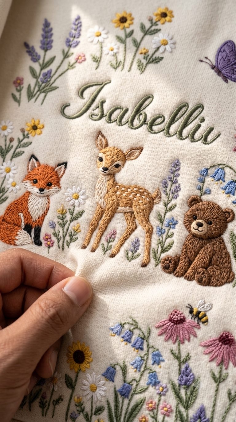 Personalized embroidered baby blanket with woodland animals