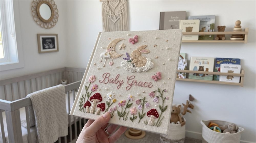 Personalized embroidered baby photo album